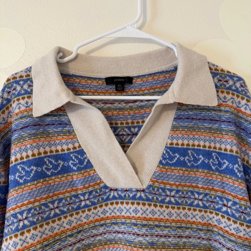 EUC J. Crew Lambs Wool Blend Fair Isle Collared Sweater Blue Orange Cream Birds